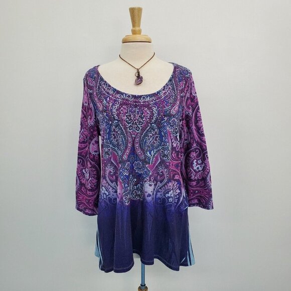 ONE WORLD Tops - One World Paisley Scoop Neck Tunic Top Blouse Size L Purple Pink Rhinestone